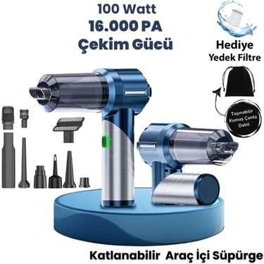 Airstorr 16000PA Güçlü Portatif Vakumlu ve Üflemeli Katlanabilir Araç Içi Süpürge Pro