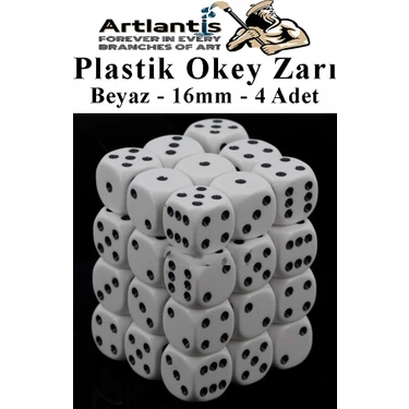 Artlantis Beyaz Okey Zarı 4 Adet Beyaz Renkli Oyun Zarı Plastik Akrilik 16 mm Şeffaf Zar Masa