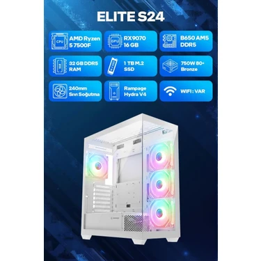 Game Garaj Elite S24 Amd Ryzen 5 7500F 32GB Ram 1tb SSD RX9070 16GB 240MM Sıvı Soğutma Freedos