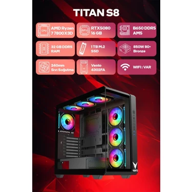 Game Garaj Titan S8 Amd Ryzen 7 7800X3D 32GB Ram 1tb SSD RTX5080 240MM Sıvı Soğutma Freedos Oyuncu