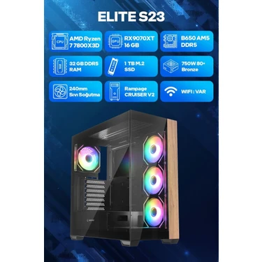 Game Garaj Elite S23 Amd Ryzen 7 7800X3D 32GB Ram 1tb SSD RX9070XT 16GB 240MM Sıvı Soğutma Freedos