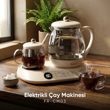 Fressi FR-CM03 Standlı Dijital Göstergeli Çay Makinesi 600W, Krem, Çift Cam Demlikli ve Otomatik