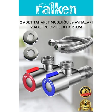 Ralken 2 Adet Inox Paslanmaz Çelik Aç Kapa Ara Musluk & Taharet Musluğu ve 2 Adet Flex Bağlantı