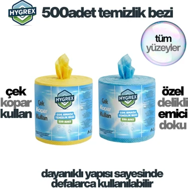 Hygrex Çok Amaçlı Temizlik Havlusu 500 Adet Sarı ve Mavi Bez Kullan At Havlu Tüm Yüzeyler Rulo