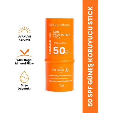 Bade Natural %100 Mineral Filtreli ve Doğal 50 SPF Güneş Koruyucu Stick Yaşlanma Karşıtı ve