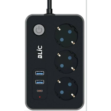 Blic Ftr-02 2usb 1typce Siyah Anahtarlı Akım Korumalı 3 Lü Grup Priz 2
