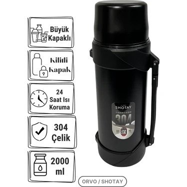 Shotay 2 L Çelik Termos | 304 Paslanmaz, Vakumlu, Sızdırmaz, Sıcak-Soğuk Koruma -