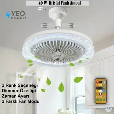 Yeo Aydınlatma Uzaktan Kumandalı Kristal Pervane LED Ampul - 3 Kademe Fanlı, 3 Renk Seçenekli E27