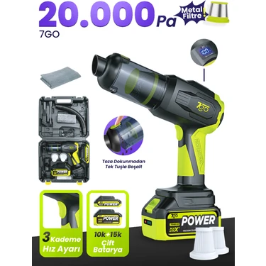 7go 7gab-03 Kablosuz Araç Içi Süpürge | 20.000PA Güçlü Emiş | 90.000RPM Fırçasız Motor | 25.000MAH