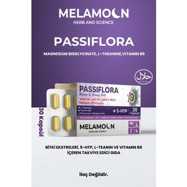 Melamoon 30 Kapsül Passiflora Takviye Edici Gıda Magnezyum ve L-Teanin ile Rahatlama