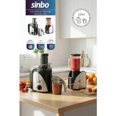 Sinbo Katı Meyve Sıkacağı Blender Seti 600 W 1250 ml Cam Sürahi ile 2in1