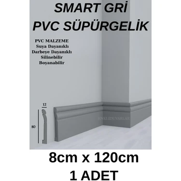 Renkli Duvarlar Smart Gri Süpürgelik Suya Neme Dayanıklı 8cmx120cm 1 Adet PVC Parke Seramik Salon