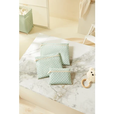 Ocean Home Textile 3'lü Su Geçirmez Pvc Astarlı Mint Dama Desen Islak Kuru Çantası 20 x 13 / 24 x