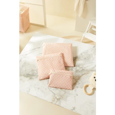 Ocean Home Textile 3'lü Su Geçirmez Pvc Astarlı Pembe Dama Desen Islak Kuru Çantası 20 x 13 / 24 x