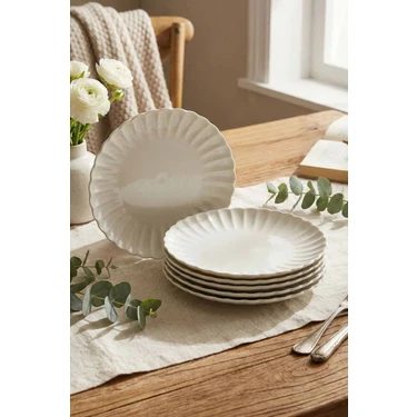 Kütahya Porselen Luz 21 cm Yuvarlak Pasta Tabağı 6 Parça Bulaşık Makinesinde Yıkanabilir Şık