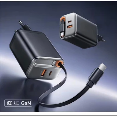Enshall 65W Frf Hızlı Şarj Adaptörü Pd 3A Type-C Dahili Kablolu 1xtype-C 1xusb Girişli Hızlı Şarj