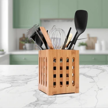 Vizka Bambu Kaşıklık , Dekoratif Tezgah Üstü Kaşıklık & Mutfak Düzenleyici Organizer  15X10