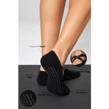 Bamboo Star Ambu Kadın Siyah Kaydırmaz Taban Silikon Baskı Pilates Yoga Fitness Dans Aktivite Babet