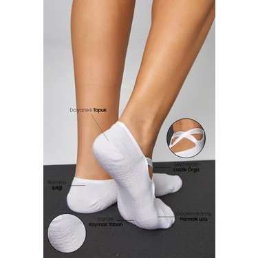 Bamboo Star Bambu Kadın Beyaz Kaydırmaz Taban Silikon Baskı Pilates Yoga Fitness Dans Aktivite