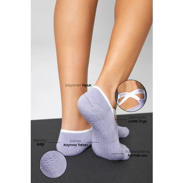 Bamboo Star Bambu Kadın Lila Kaydırmaz Taban Silikon Baskı Pilates Yoga Fitness Dans Aktivite Babet
