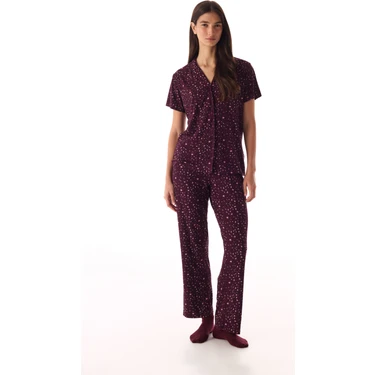 Penti Bordo Leopard Rib Gömlek Pantolon Pijama
