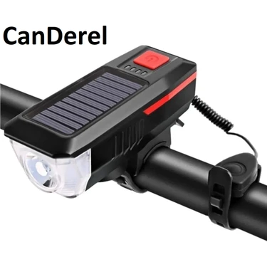 Canderel Güneş Enerjili Bisiklet Işığı Lambası Bisiklet Kornası Su Geçirmez Solar USB Şarj Ön