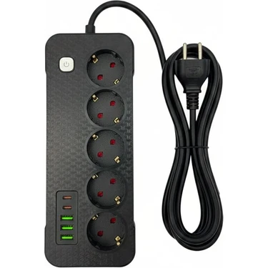 Techmaster Akım Termal Çocuk Korumalı 3x USB 2x Type-C Girişli 5li Priz 5 Metre Kablo