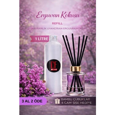 De Parfum Erguvan Çiçeği Kokulu Oda Kokusu 1 Litre Yedek Dolum Şişesi + 115 ml Cam Şişe ve Bambu