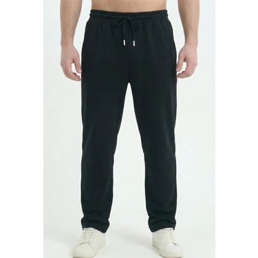 Erkek Siyah Baggy Bol Paça Oversize Relaxed 4 Mevsim Eşofman Altı Bol Paça 2 Iplik Tam