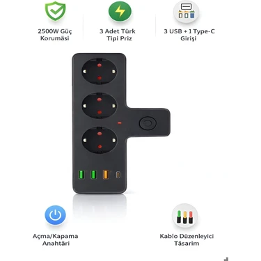 ÇELİKWORK 2500W 3 lü Priz Kablosuz 3xUSB 1xType-C Bakır İletken Çocuk Akım Korumalı Çoklu üçlü