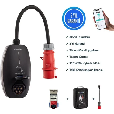 Evwallbox 22KW V3 Türkçe Mobil Uygulama 5 Yıl Garanti, (Tekli Kombinasyon Panosu, Taşıma Çantası ve