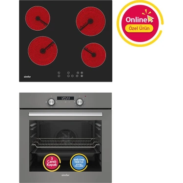 Simfer Ankastre Set Gri Dijital Power Turbo Fanlı Elektrikli Cam Ocaklı 2'li Set (Fırın +