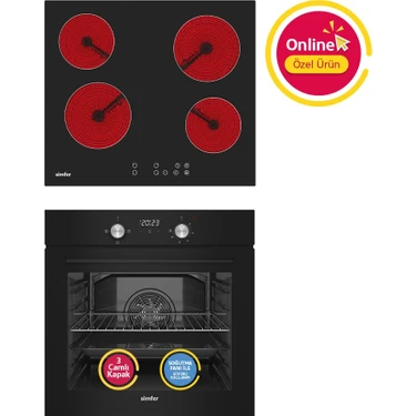 Simfer Ankastre Set Siyah Dijital Power Turbo Fanlı Elektrikli Cam Ocaklı 2'li Set