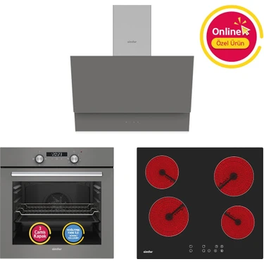 Simfer Ankastre Set Gri Dijital Elektrikli Cam Ocaklı Turbolu 3'lü Set (Fırın+Elektrikli