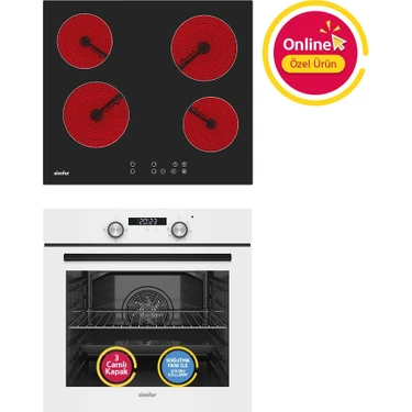 Simfer Ankastre Set Beyaz Dijital Power Turbo Fanlı Elektrikli Cam Ocaklı 2'li Set