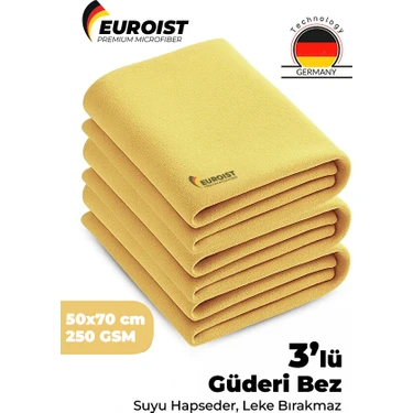 Euroist Büyük Boy 3 Adet Mikrofiber Güderi Bez | Araç Araba Oto Kurulama ve Cam Temizlik Bezi | 50