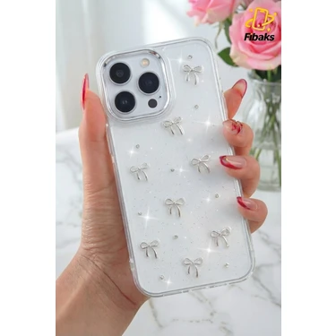 Fibaks Apple iPhone 14 Pro Max Kılıf Fiyonk Desenli Şeffaf Simli Gümüş Kamera Çıkıntılı Parlak
