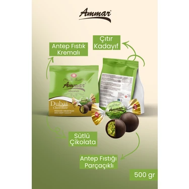 Ammar Dubai Çikolata 500 gr Antep Fıstığı Parçacıklı ve Kadayıf Dolgulu Sütlü