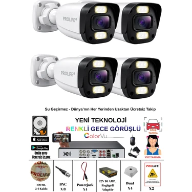 Prolife 4 Kameralı 5 Mp Gece Renkli 8 Warm Ledli Yüz ve Araç Algılamalı Güvenlik Kamerası