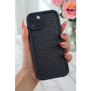 Fibaks Apple iPhone 13 Kılıf Yumuşak Siyah Leopar Desenli Yumuşak Kamera Korumalı Silikon