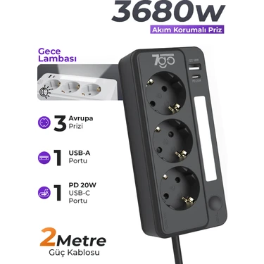 7go 7gsp1 3680W 3'lü Priz Siyah | Akım Korumalı | 20W Pd Hızlı Şarj USB | 1.9m Kablolu Akıllı LED