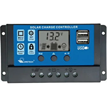 UreTech Güneş Paneli Akü Şarj Kontrol Cihazı 10A 12/24V 10 Ah Amperli USB Çıkışlı