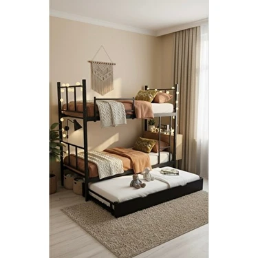 Modern Style Home Modern Yıldız Yavrulu Ranza 90X190 Yatak Uyumlu 3 Kişilik Siyah Metal Ranza