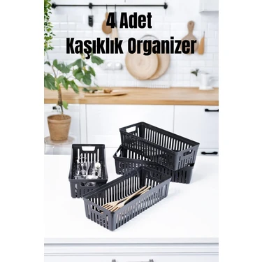 Bambus Home 4’lü Gri Mutfak Çekmece Içi Düzenleyici – Kaşık Çatal Bıçak Organizeri, Plastik