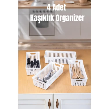 Bambus Home 4’lü Beyaz Mutfak Çekmece Içi Düzenleyici – Kaşık Çatal Bıçak Organizeri, Plastik