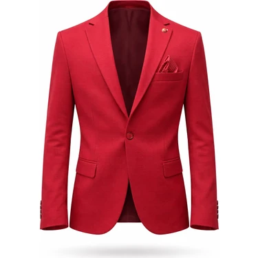 Plus Scorpion Erkek Kırmızı Armürlü Kumaş Blazer Ceket – Tek Düğmeli, Mono Yaka, Çift Yırtmaçlı