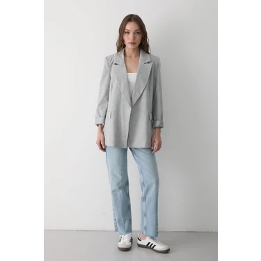 Jaste Kadın Çizgili İçi Astarlı Kol Detaylı Blazer Ceket