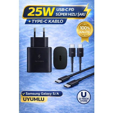 utechno 25W (Watt) Samsung Uyumlu Süper Hızlı Şarj Uyumlu Başlık | Type-C To Type-C Kablo Set Siyah
