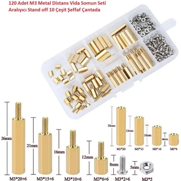 Hatfon 120 Adet M3 Metal Distans Vida Somun Seti Aralıyıcı Stand Off 10 Çeşit Şeffaf