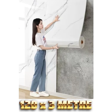 Renkli Duvarlar 120cm x 3 Metre Rulo Premium Beyaz Mermer Desenli Yapışkanlı Duvar Paneli Kağıdı Ev